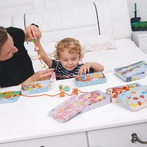 Wooden animal and math beads toy set for early education with storage tin boxes