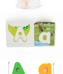 Detail of 1cm thick wooden alphabet blocks and matching educational flashcards for kids