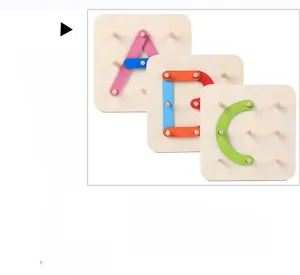 Detailed close-up of wooden letter blocks forming A and E on a colorful stacking base