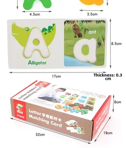 Detail view of alphabet matching cards with animal illustrations and size dimensions