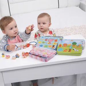 Toddler wooden lacing beads activity set with metal tin storage for educational play