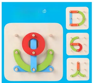 Educational wooden peg puzzle board showing letter, number and character assembly