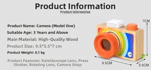 Detailed specifications of a wooden toy camera with rainbow stripes and kaleidoscope lens
