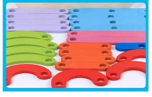 Colorful wooden geometric block set with various shapes for puzzle assembly and learning