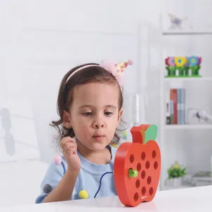 Educational wooden apple threading toy with green worm for toddlers fine motor skills