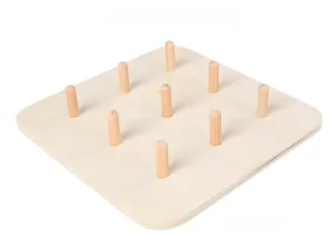 Detail of wooden montessori toy base with nine poles for stacking and shape recognition