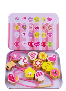 Detail of 12pcs educational wooden beads with math equations and pink storage tin box