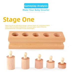Detailed view of Montessori beechwood socket cylinder blocks with five graduated pegs