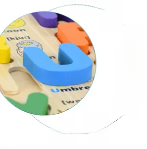 Detailed macro view of 3D colorful wooden alphabet puzzle with cartoon pattern and word