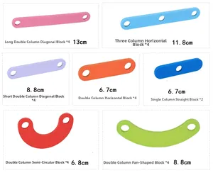 Size chart showing various colorful wooden stacking blocks with exact dimensions and shapes