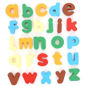 Set of 26 colorful wooden lowercase alphabet puzzle blocks for early childhood learning