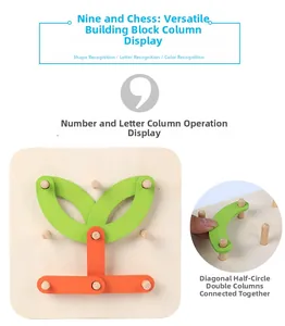 Macro view showing manual assembly of colorful wooden shape and letter stacking blocks