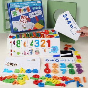 Detailed view of the educational math box with counting sticks and word puzzle cards