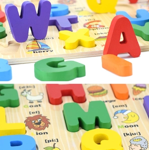 Detailed view of colorful 3D wooden letter puzzles and corresponding English word prints