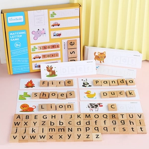 Close-up of wooden letter blocks and animal cards for math and spelling learning