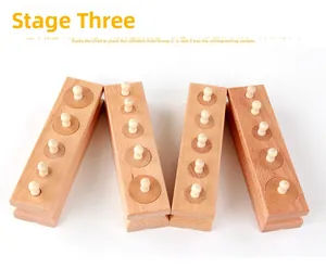 Stage 3 guide showing baby mixing wooden Montessori cylinder blocks for visual training