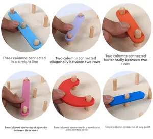 Close-up of wooden geoboard pegs showing geometric shapes and logic assembly methods