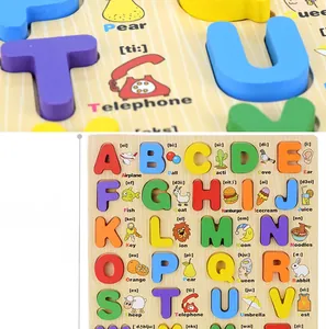 Close-up of wooden alphabet puzzle board with uppercase letters and phonetics