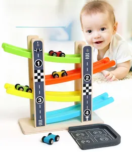 Detail view of four-tier wooden ramp racer toy with colorful cars and numbered parking lot