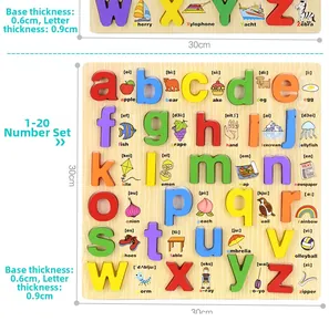 Detail of wooden alphabet puzzle board showing dimensions 30x30cm and letter thickness