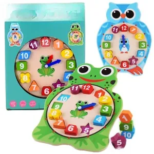 Detail view of wooden owl and frog clock puzzle for learning numbers and telling time