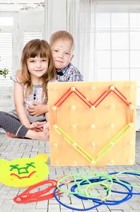 Educational geometric wooden board set with colorful bands and threading foam board