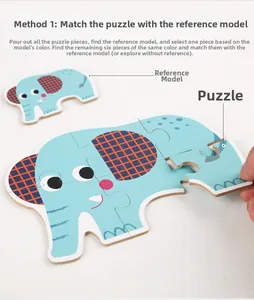 Detail of wooden elephant puzzle showing assembly guide and durable fiberboard texture