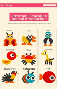 Nine colorful geometric wooden puzzles showcasing animal shapes for preschool learning