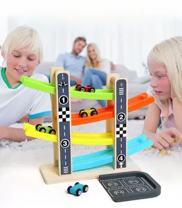 Children playing with a four-tier wooden ramp racer toy featuring colorful racing tracks
