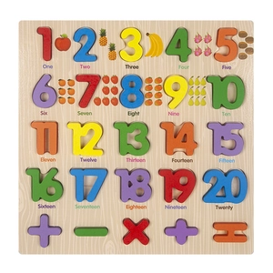 Macro detail of wooden educational puzzle board with numbers and fruit patterns