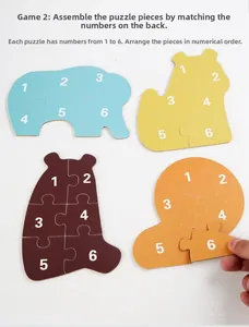 Detail of wooden animal puzzle with numbered back for kids learning logic and numbers