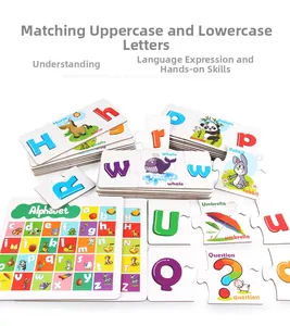 Close-up of alphabet matching puzzle cards with animal illustrations for early education