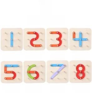 Educational wooden pegboard blocks showing creative shapes of numbers one to eight