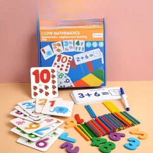 Detailed view of wooden math learning set with number cards and counting sticks for kids