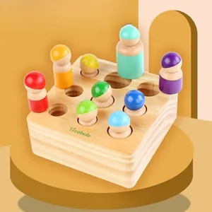 Detail view of colorful graduated wooden pegs and a natural wood base Montessori toy