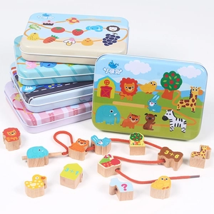 Educational wooden bead set for kids with animal and math patterns in tin boxes