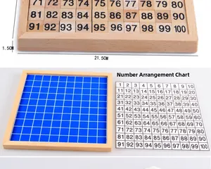 Detailed components of wooden Montessori hundred board with 1-100 number tiles and grid
