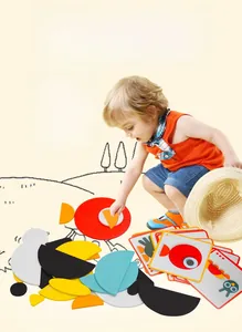 Close-up of colorful wooden shape blocks and pattern cards for Montessori learning