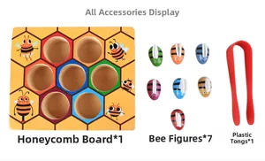 Montessori wooden beehive toy set with seven colorful bees and a red plastic clip