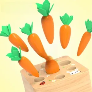 Detailed view of wooden carrot toy with 7 pieces and felt leaves for toddler learning