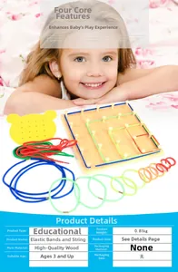 Educational wooden pegboard with colorful rubber bands and threading kit for toddlers