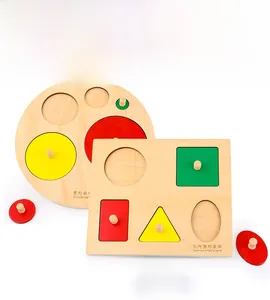 Detail of wooden Montessori geometry puzzle with colorful shapes and easy-grip knobs