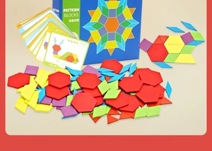 Macro view of Montessori wooden geometric blocks with colorful pattern cards and storage box