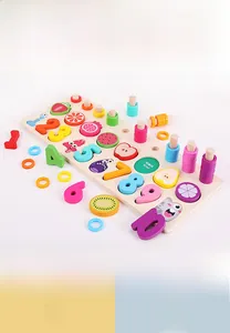 Macro detail of wooden educational counting board with fruit shapes and number blocks