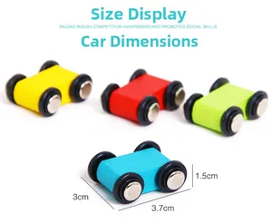 Detailed size view of colorful wooden racing cars measuring 3.7cm long and 3cm wide