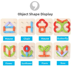 Educational wooden pegboard toy showing eight different shape building examples for kids