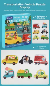 Macro view of six vehicle puzzles including police and fire trucks for kids
