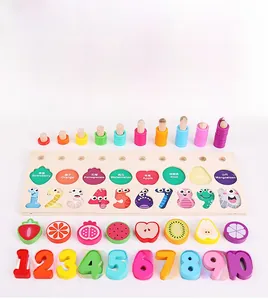 Detailed view of wooden puzzle pieces featuring colorful fruits, numbers, and stacking rings