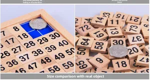Detail of wooden 1-100 number board tiles made of beechwood with silk-printed digits