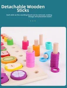 Detail of wooden puzzle board with detachable pegs and colorful fruit number blocks
